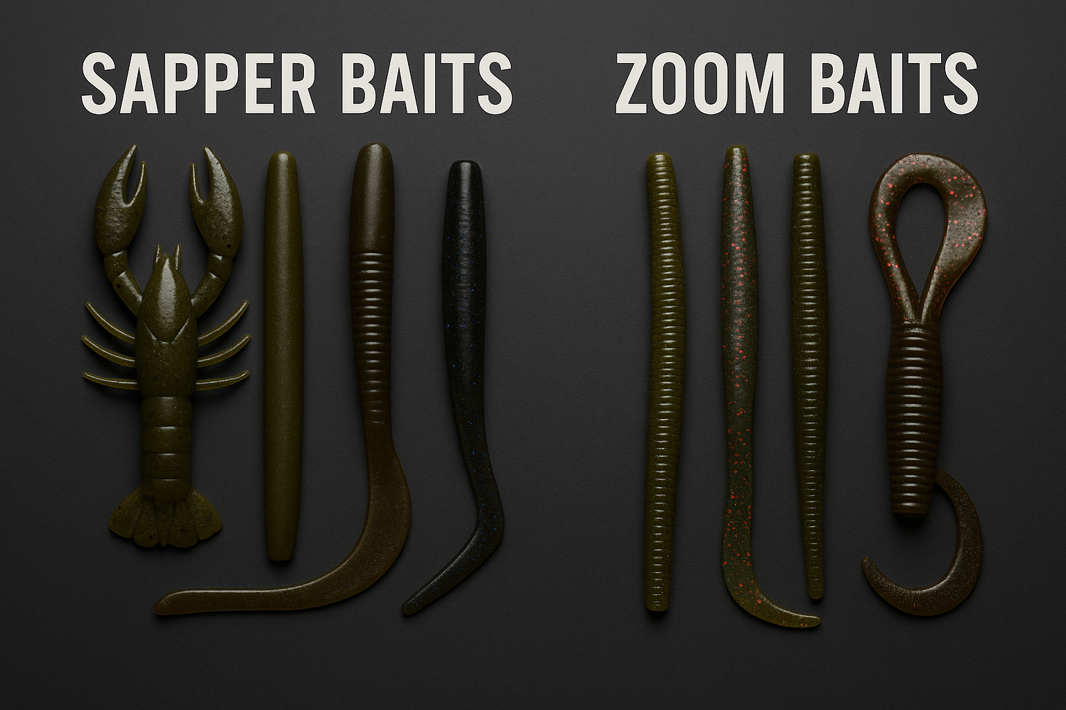 Side-by-side comparison of Sapper Baits and Zoom Baits soft plastics displayed on a clean dark background, showing differences in color and bait style