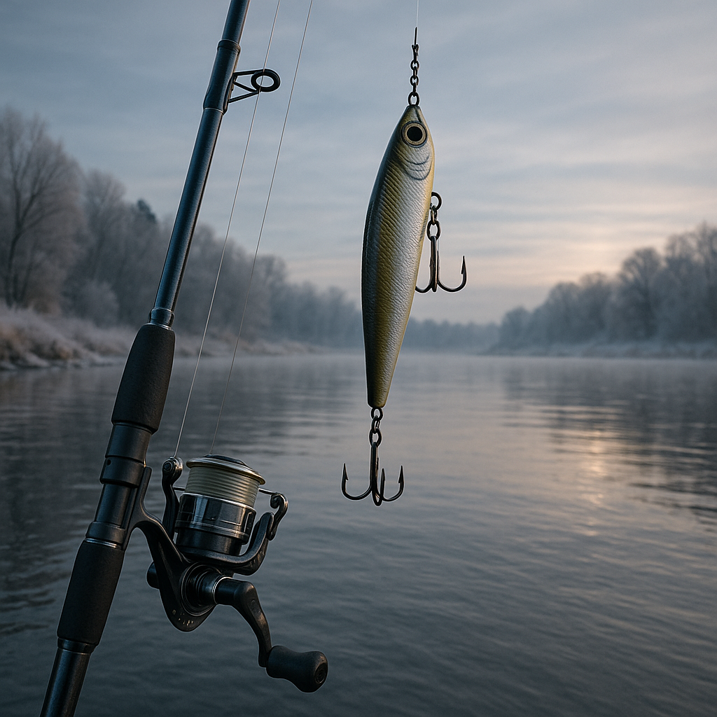 Angler fishing on a cold winter lake using a jerkbait, with frosty water and a soft blue sky, representing winter bass fishing
