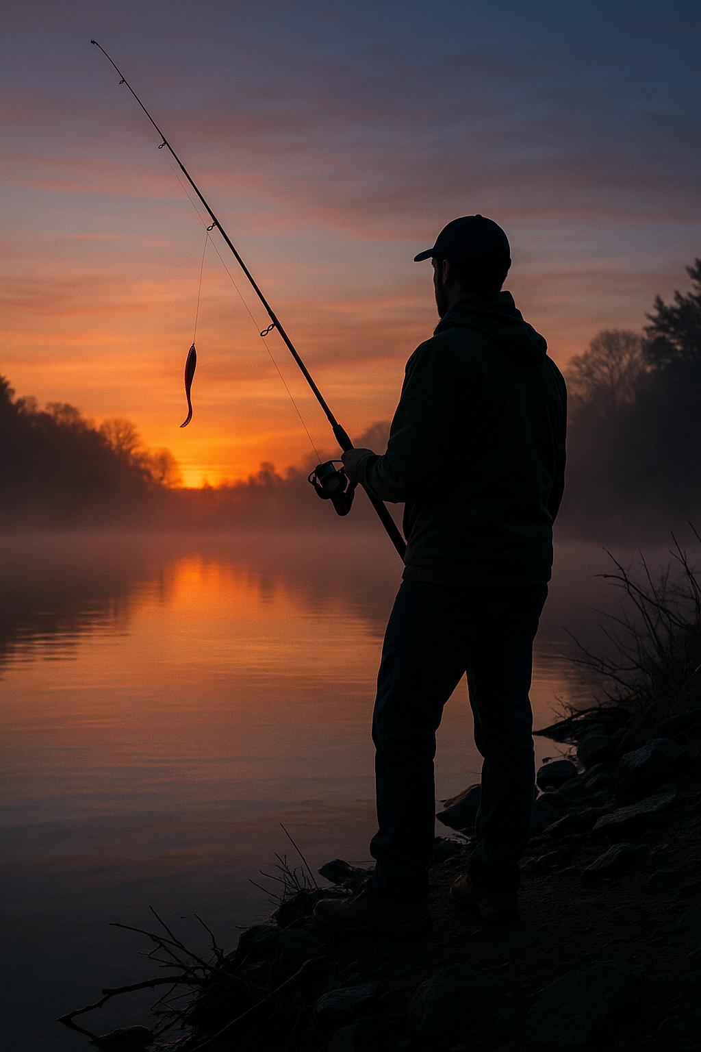 Angler standing on a misty shoreline at sunrise holding a rod rigged with a soft plastic worm, preparing to bank fish using Sapper Baits.