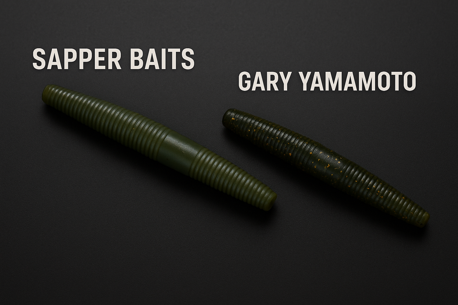 Side-by-side comparison of a Sapper Baits soft plastic and a Gary Yamamoto soft plastic on a clean, well-lit background for a fishing bait comparison article.