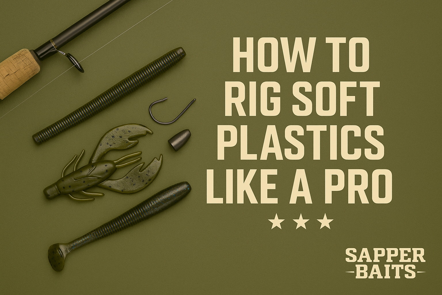Flat lay of soft plastic fishing lures, hooks, and weights arranged on an olive drab surface with text overlay ‘How to Rig Soft Plastics Like a Pro.’ Tactical-style design for Sapper Baits veteran-owned fishing brand.