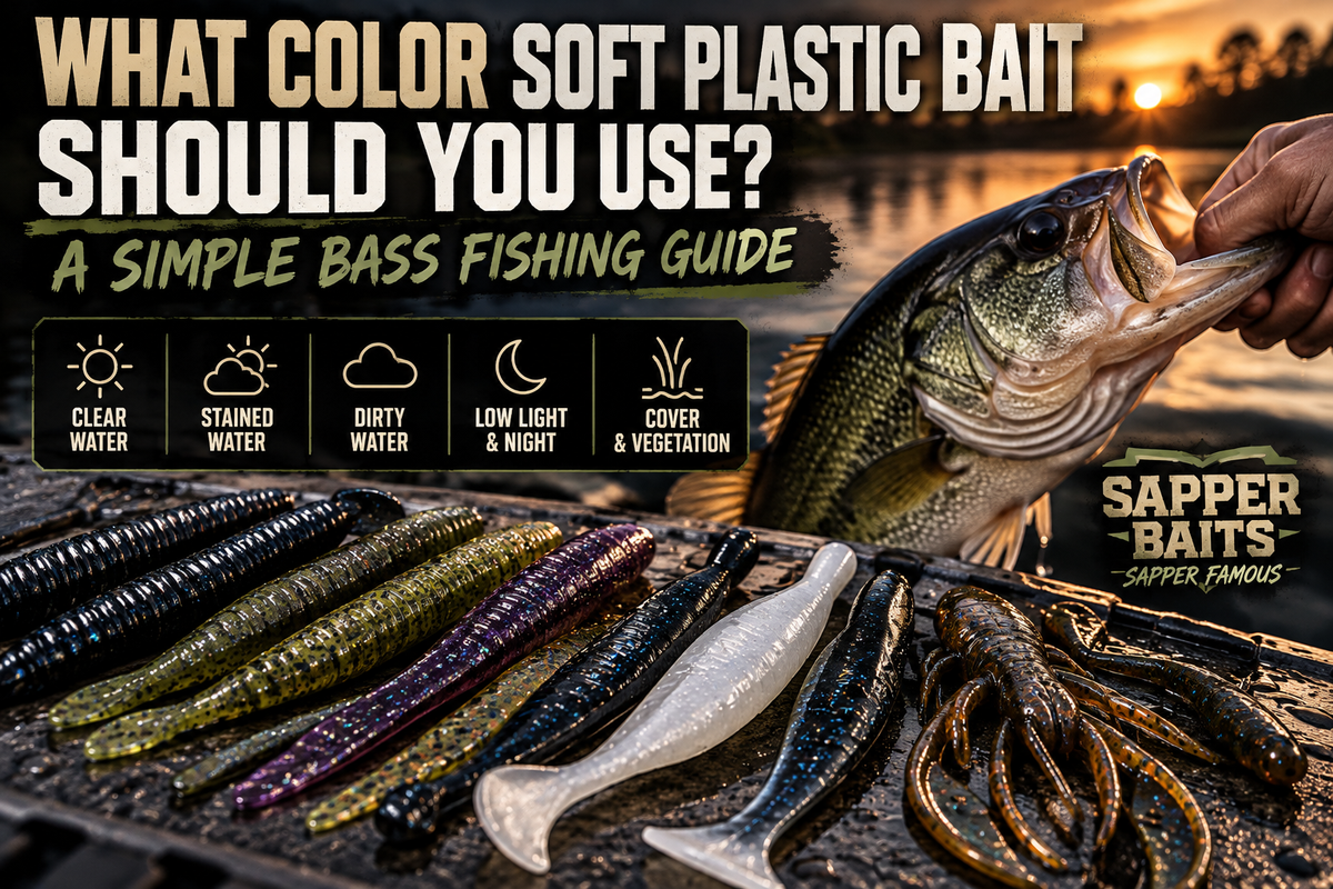 Soft plastic bait color guide for bass fishing showing natural, dark, shad, and craw colors for clear, stained, muddy, and low-light water.