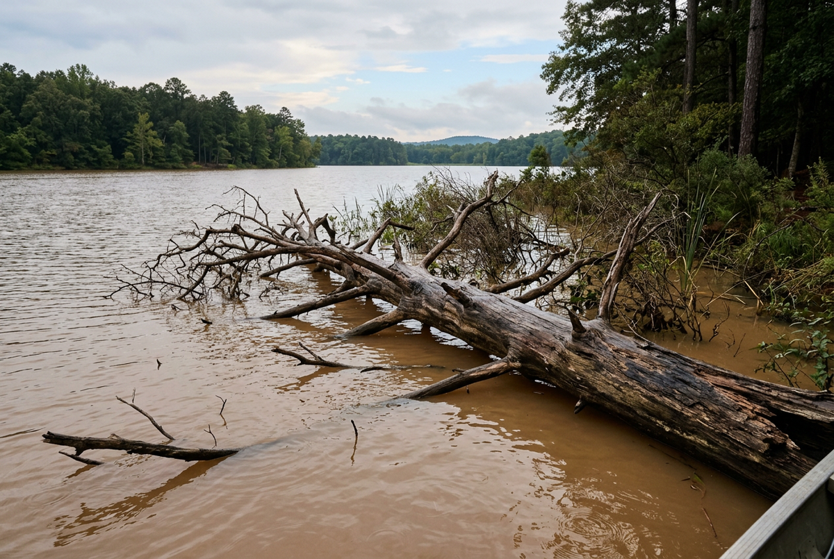 Muddy lake water surrounding a fallen tree and flooded shoreline brush beneath an overcast sky.