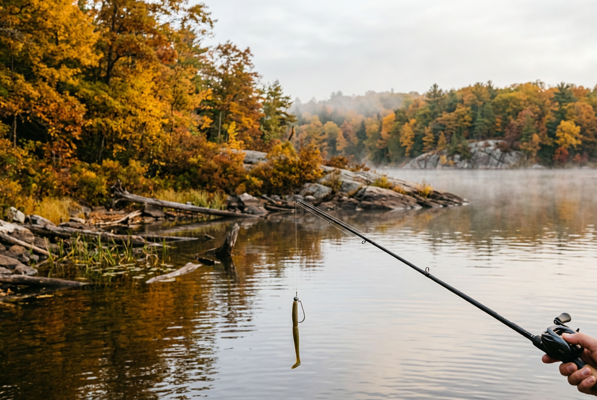 Fishing rod overlooking a lake with autumn foliage and submerged timber.