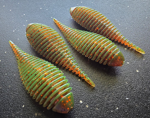 Four Ambush Gilly Swimbaits in Color Convoy Crude Motor Oil with Orange and Bronze Flake