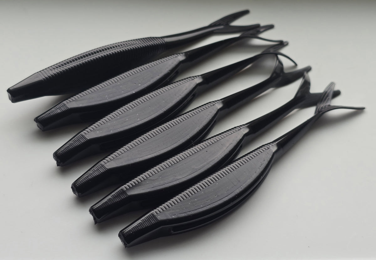 Sapper Baits Blackout Suppressor Shad 5-inch soft plastic jerk bait in black, 6 of them
