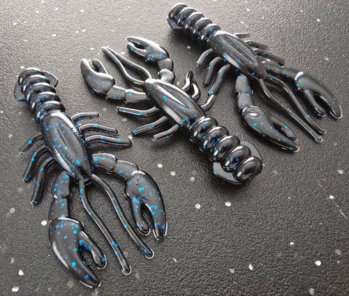 Three sapper baits breacher craw in black with Blue Flake
