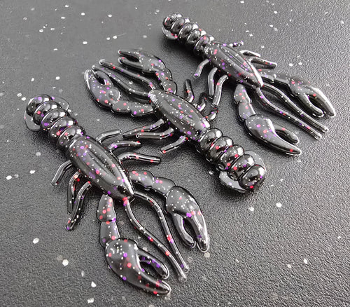 Three sapper baits breacher craw in black with red purple silver gold Flake