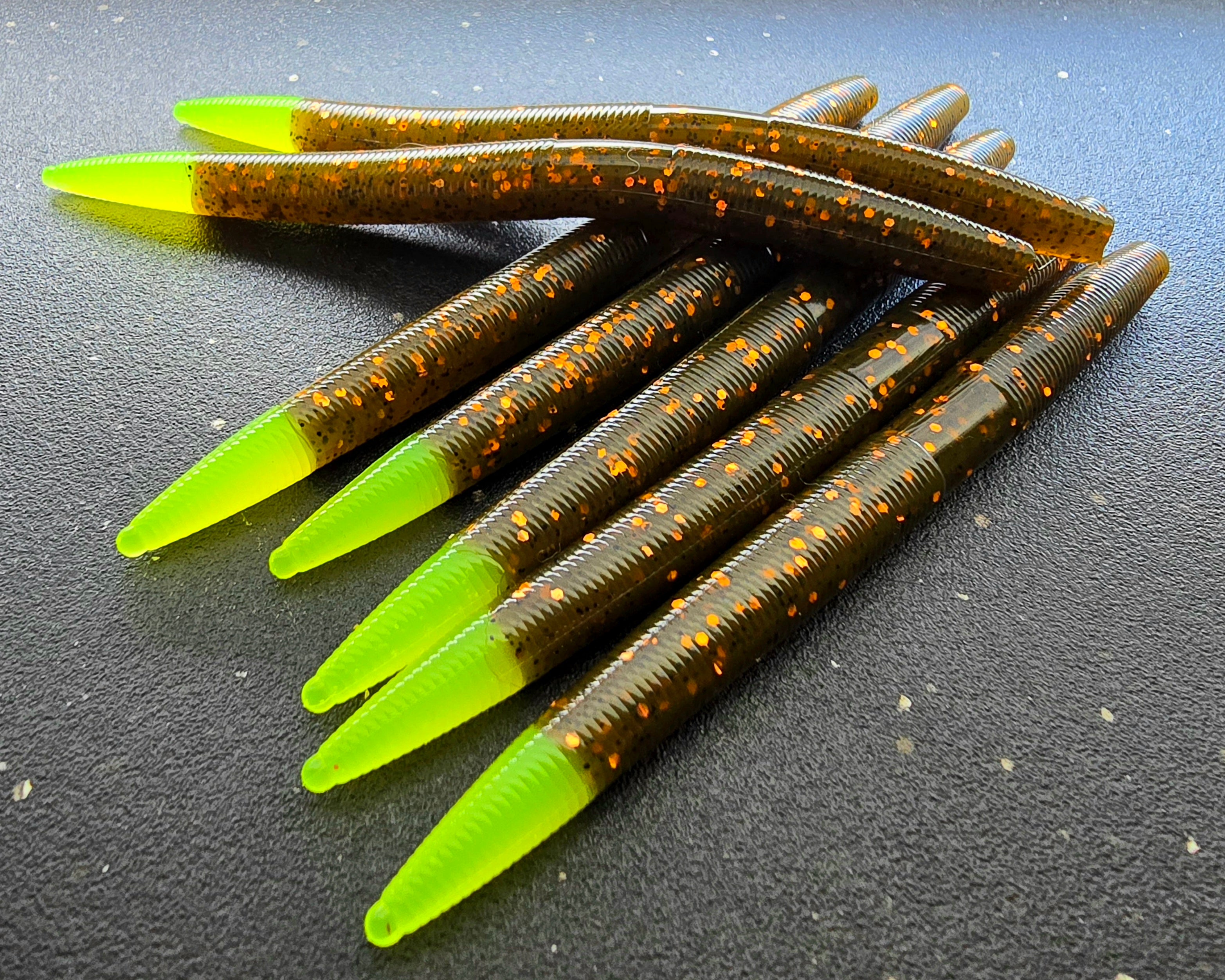 Green Pumpkin Sapper Stick with Black, Copper Flake Chartreuse Tail