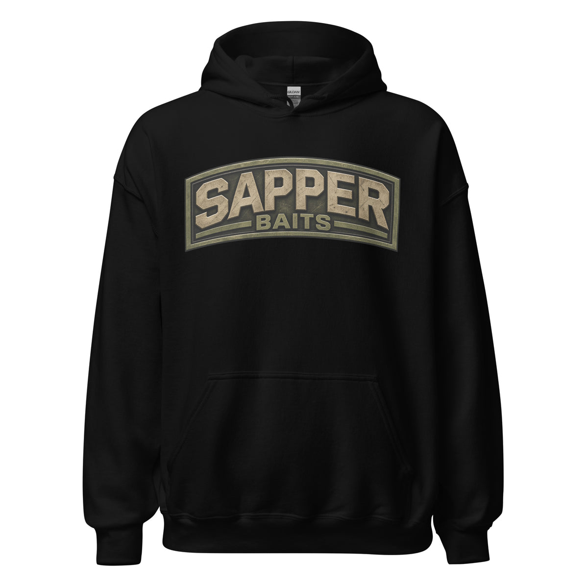 Sapper Baits Subdued Sapper Tab hoodie featuring a military-inspired olive drab, tan, and black arched logo on fishing apparel.